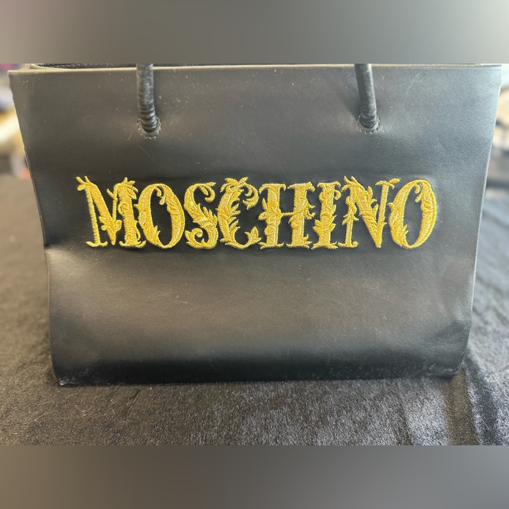 Moschino Black Leather Tote with Gold Embroidered Logo
